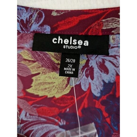 Chelsea Studio~Plus Size(26/28)2X~ Red/Brown Floral Button-Up Bloyse 3/4 Sleeve - Picture 2 of 14